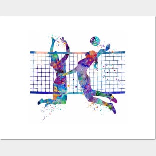 Volleyball Girls Playing Colorful Watercolor Posters and Art